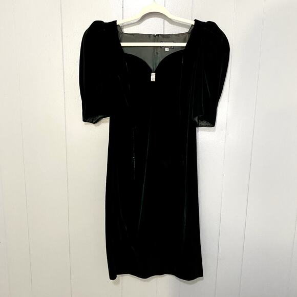 Vintage Dresses & Skirts - Vintage 80s Cachet by Bari Protas Green Velvet Evening Midi Dress 7/8